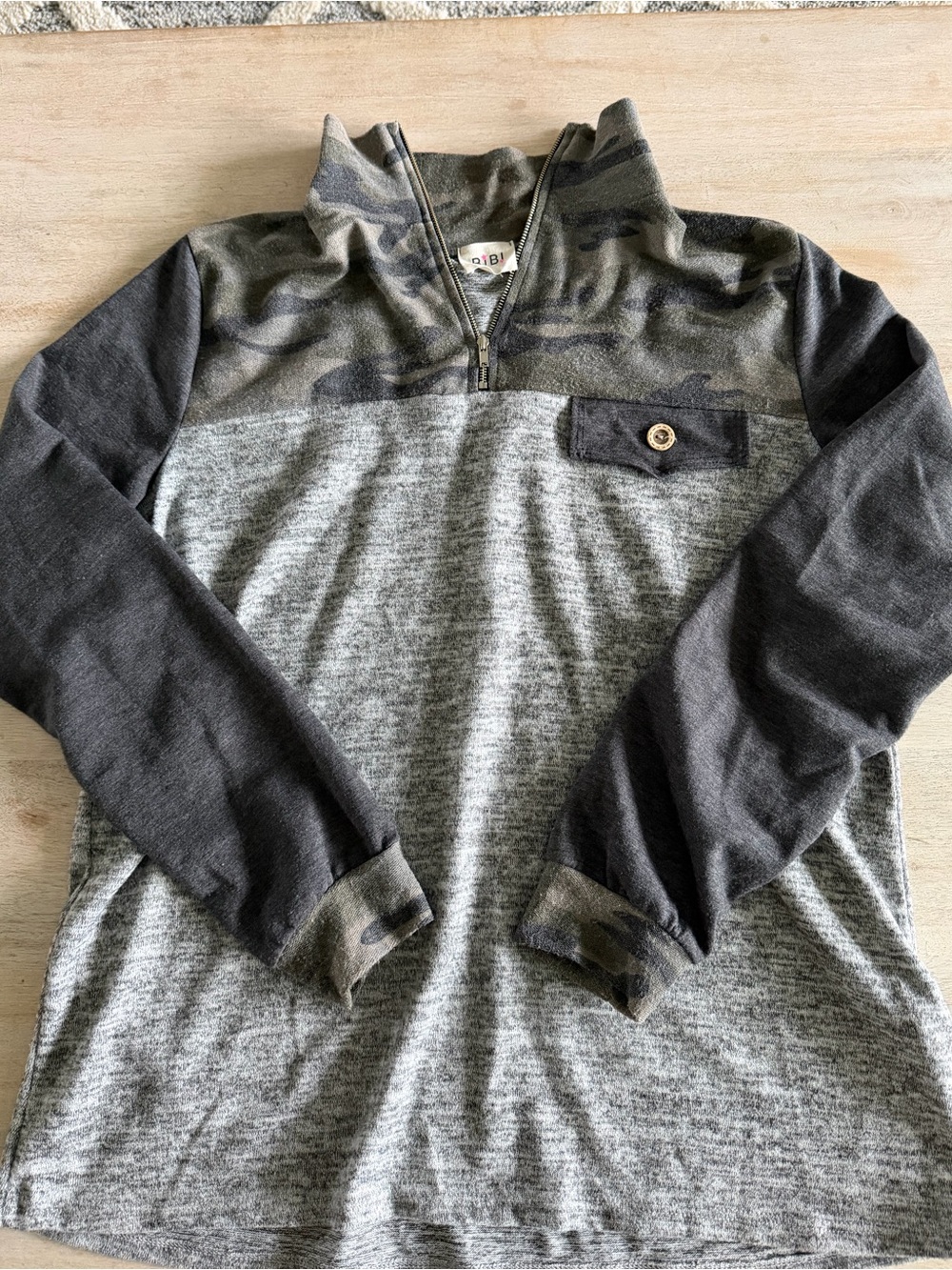 BiBi Women's Zip Pullover in Gray and Camouflage